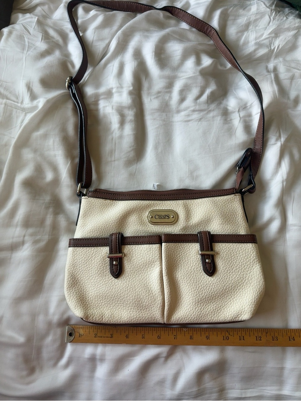 Chaps Cream Brown Crossbody Bag Faux Leather Shoulder Purse